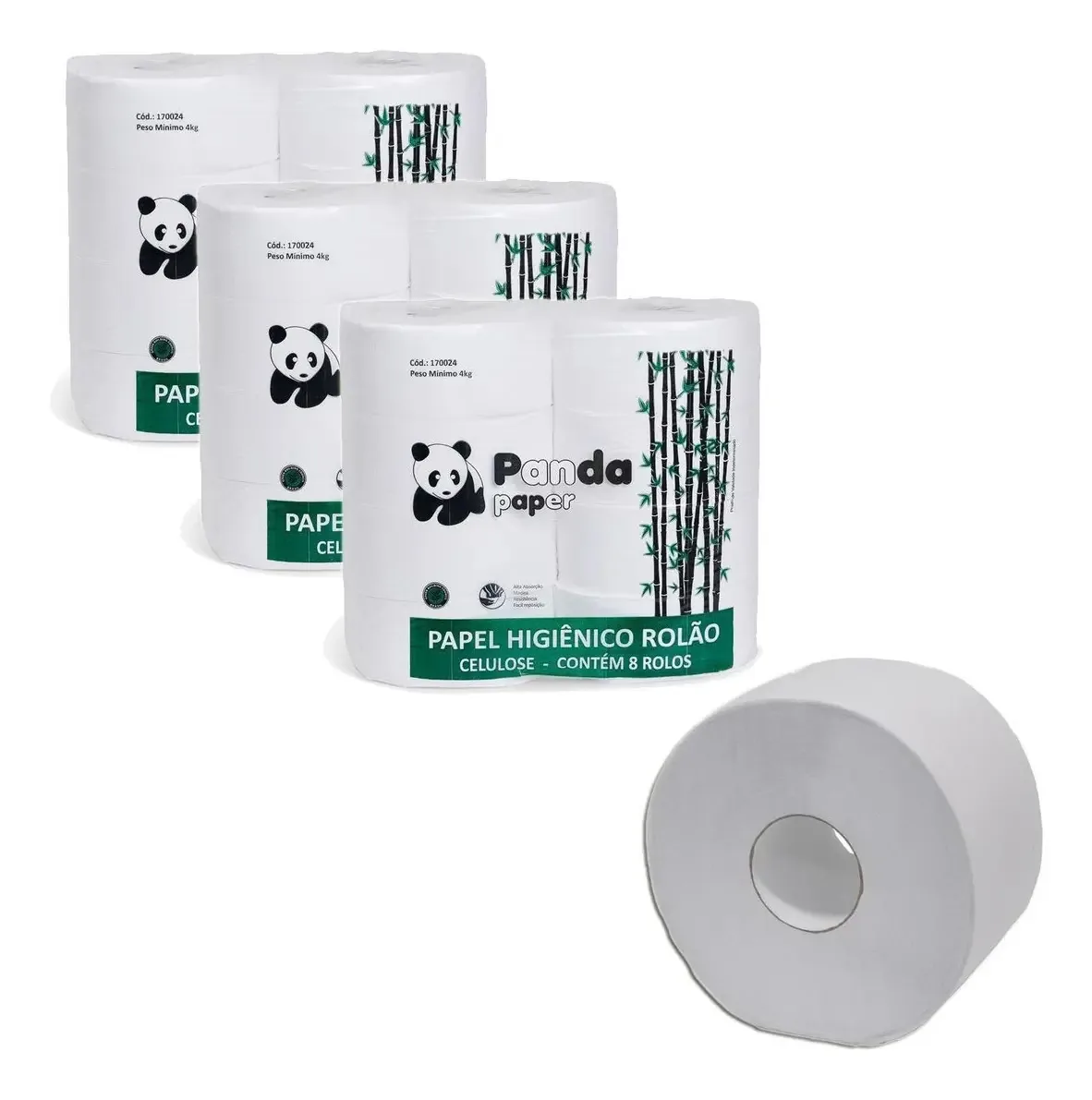 Papel Higiênico Celulose Rolão Panda Paper 8u Kit 3
