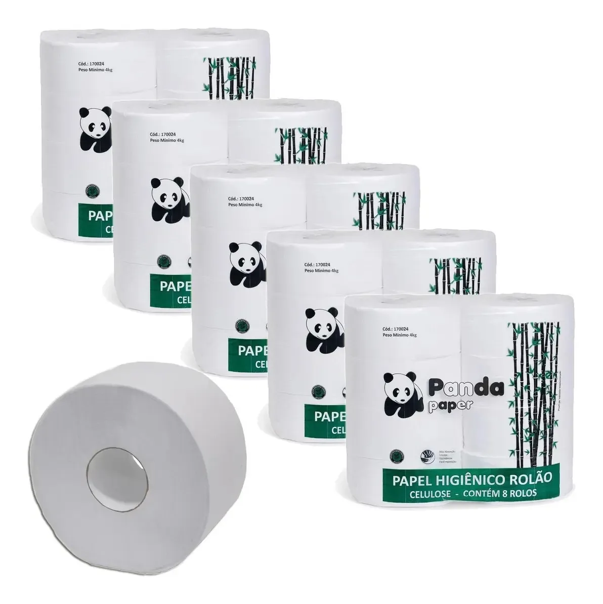 Papel Higiênico Celulose Rolão Panda Paper 8u Kit 5