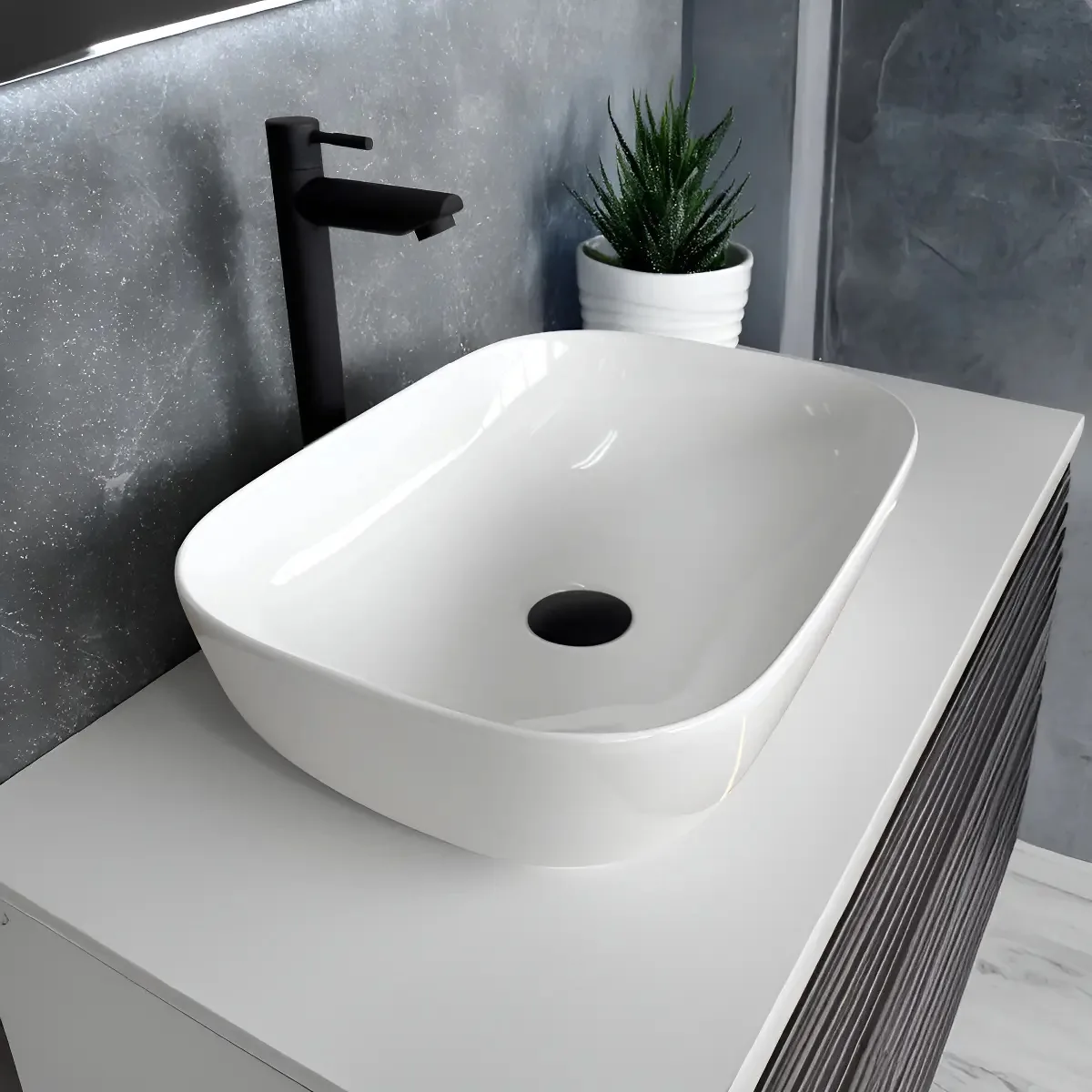 Cuba Banheiro Louça Moderna C/ Torneira Black E Acabamento Brilhante Cor Branco