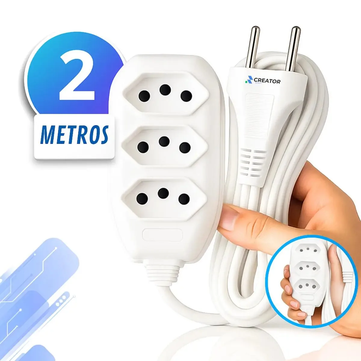 Extensão Elétrica 2 Metros Branca 3 Tomada Tripolar Bivolt 10a Compacta Creator Brasil