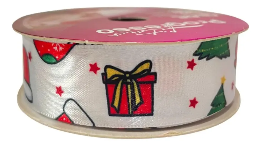Fita Cetim Estampada Elementos Lúdicos Natal 22mm 10 Metros