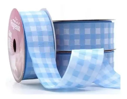 Fita Xadrez Progresso 38mm - 10 Metros P/ Laços E Presentes Cor 212 AZUL BEBE