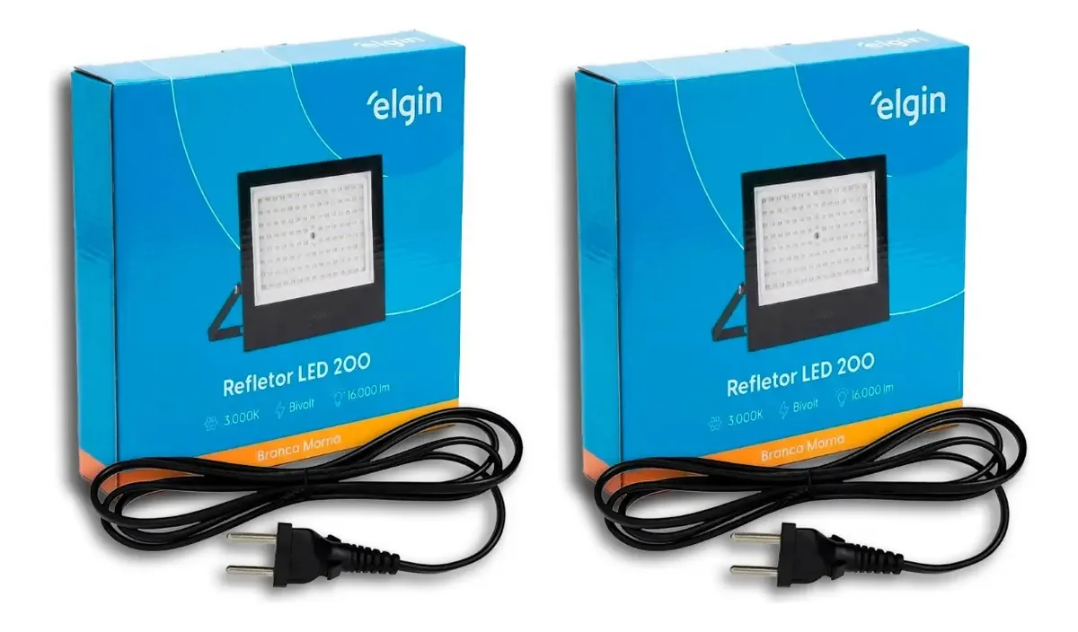 2 Refletores Elgin 200w 3000k Branco Quente Bivolt C/ Tomada