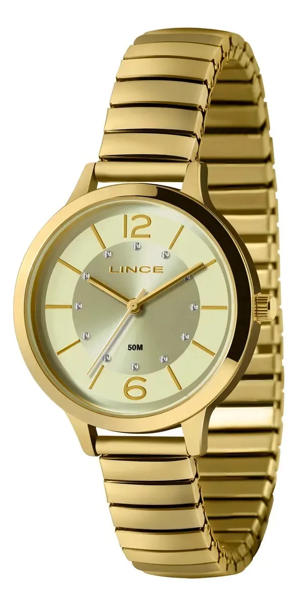 Relogio Pulso Feminino Lince Dourado Pulseira Elastico