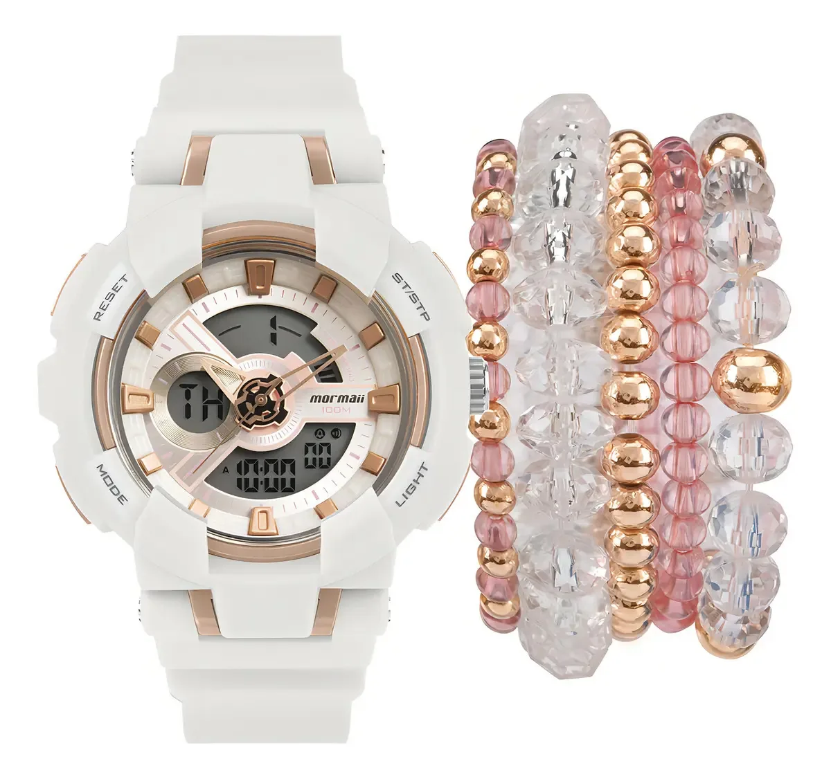 Kit Relógio Mormaii Feminino Sports Branco Com Pulseiras