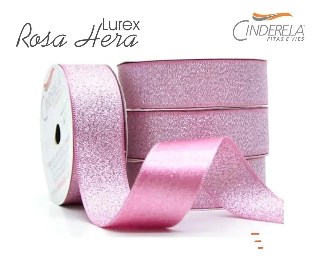 Fita de Cetim Lurex Gliter Cinderela Rosa Hera para Laços e Decoração 3.8 cm x 10 m