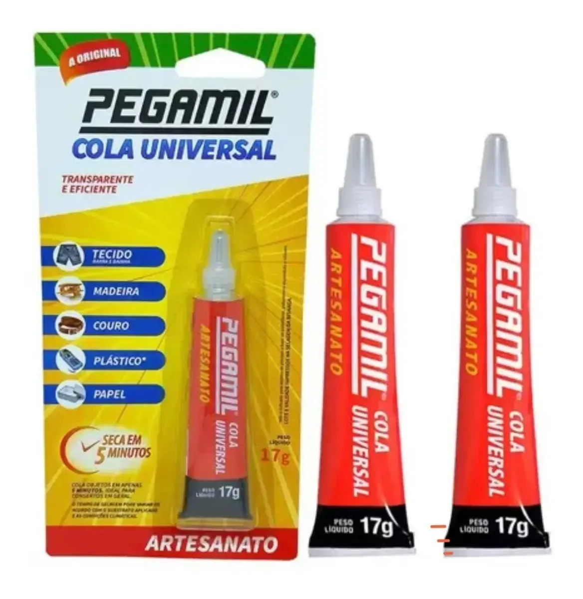 Kit 2 Cola Pegamil Universal Artesanato 17g para uso em trabalhos manuais, hobbies, artesanato e pequenos reparos