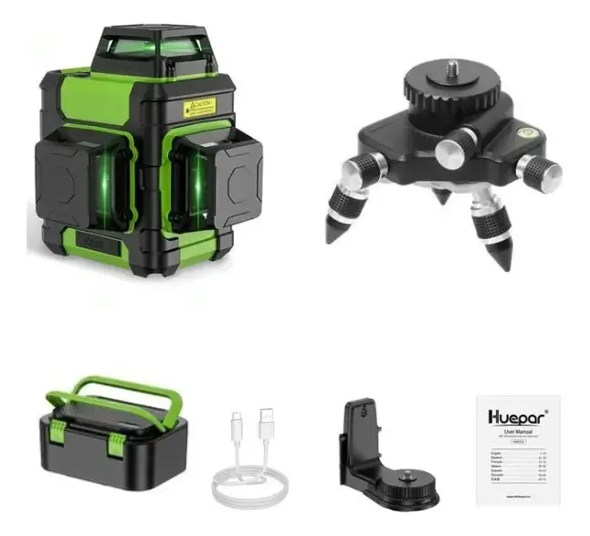 Nível A Laser Verde 12 Linhas Base Suporte Maleta Bateria