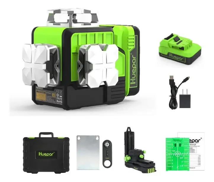 Nível a Laser 3D Huepar Verde 12 Linhas Bluetooth 360° com Bateria Li-ion
