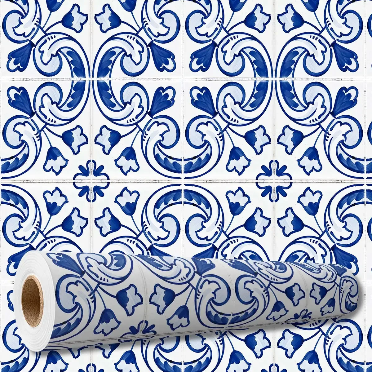 Adesivo Decorativo 5 Metros Papel Parede Azulejo Português Retrô Azul Cozinha Banheiro Lavável