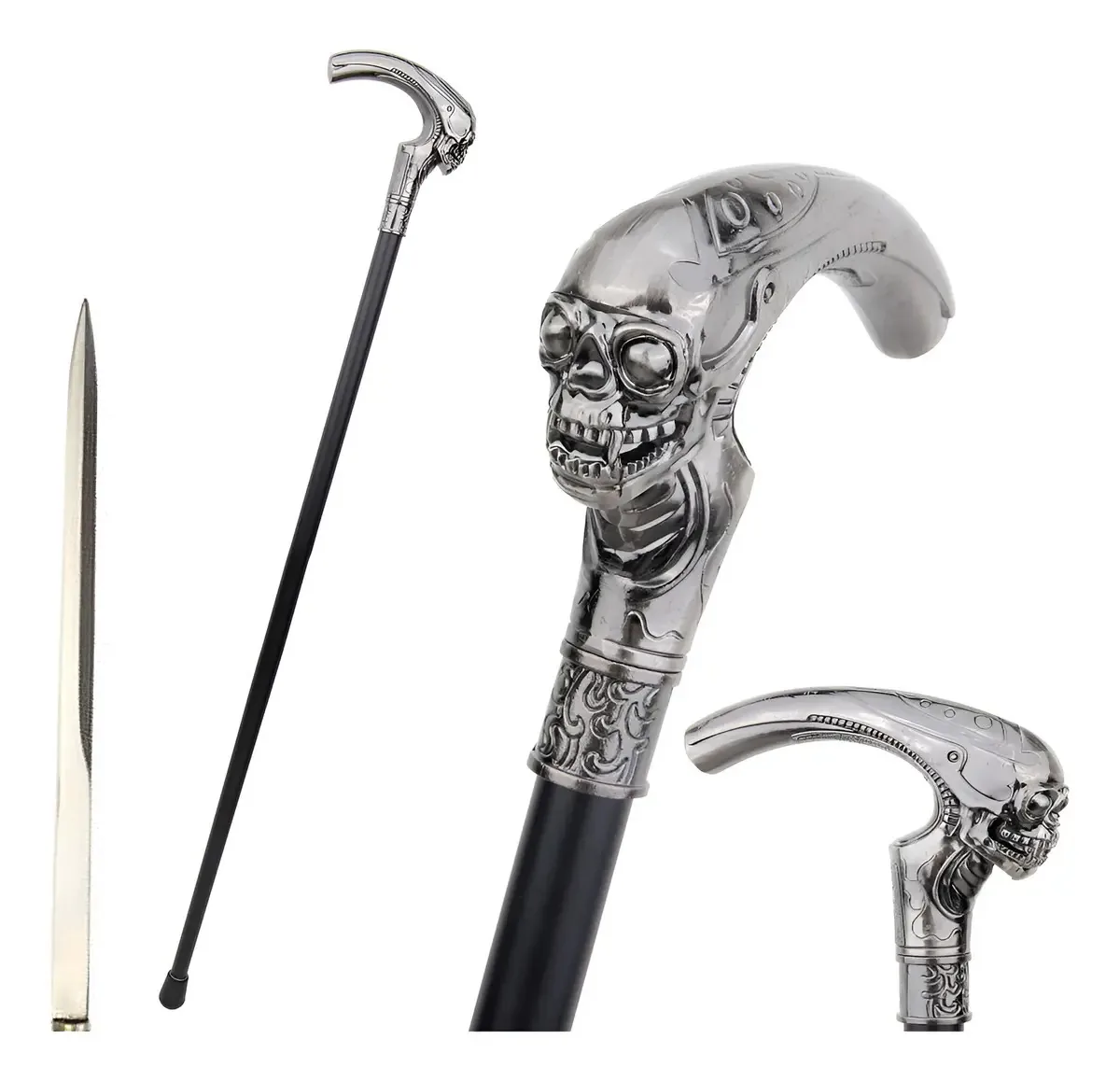 Bengala Vintage Luatek Caveira Allien 93cm Alumínio Prateado Cosplay