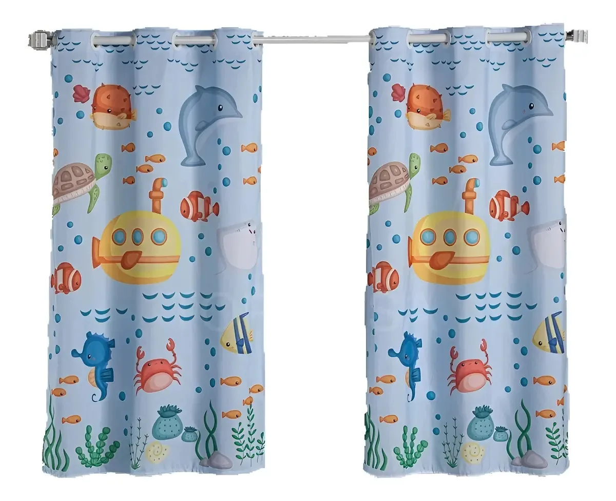 Cortina Estampada 200x150 Quarto Infantil Bebê Menina Menino Cor Fundo Do Mar