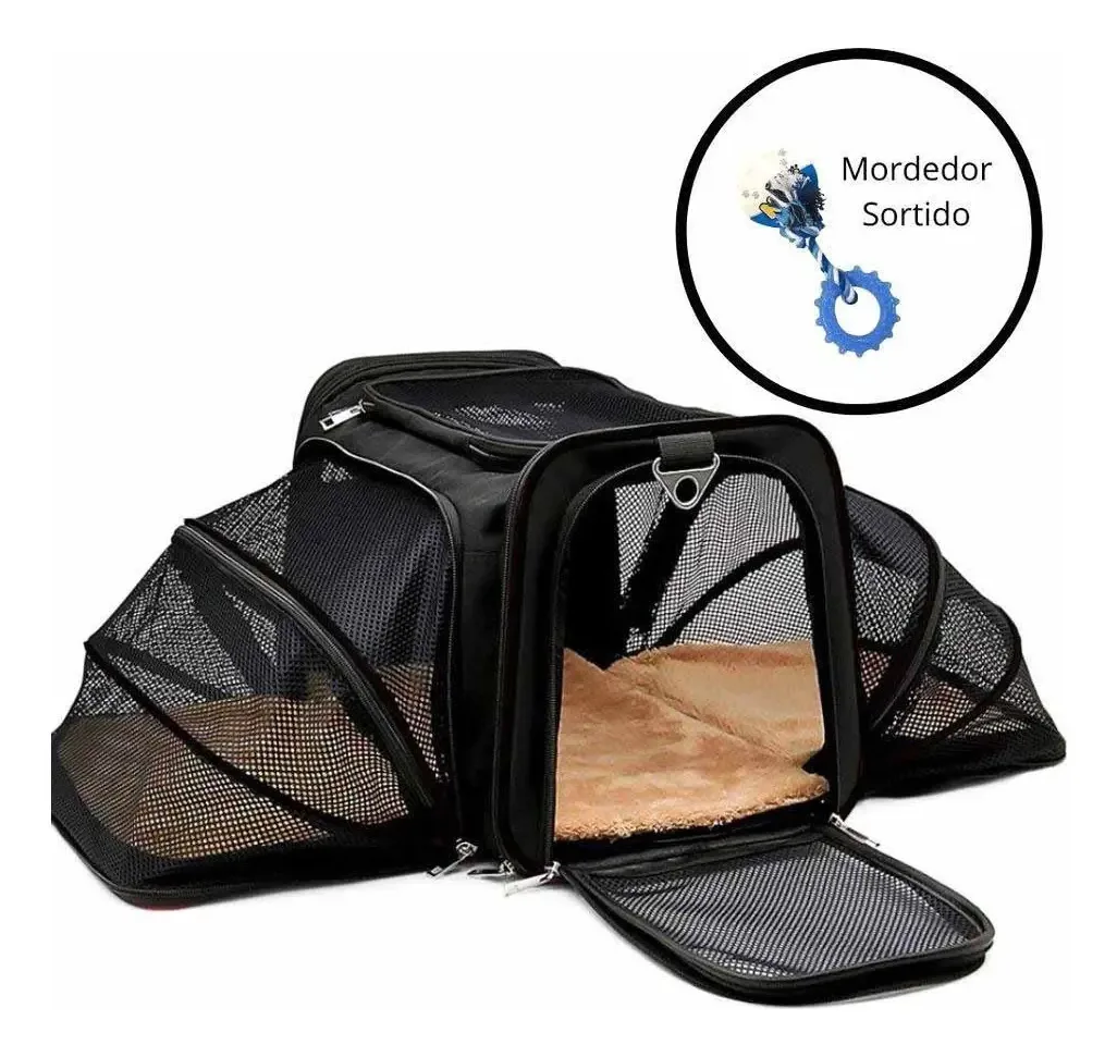 Kit Bolsa Pet Transporte Expansível E Mordedor Preto