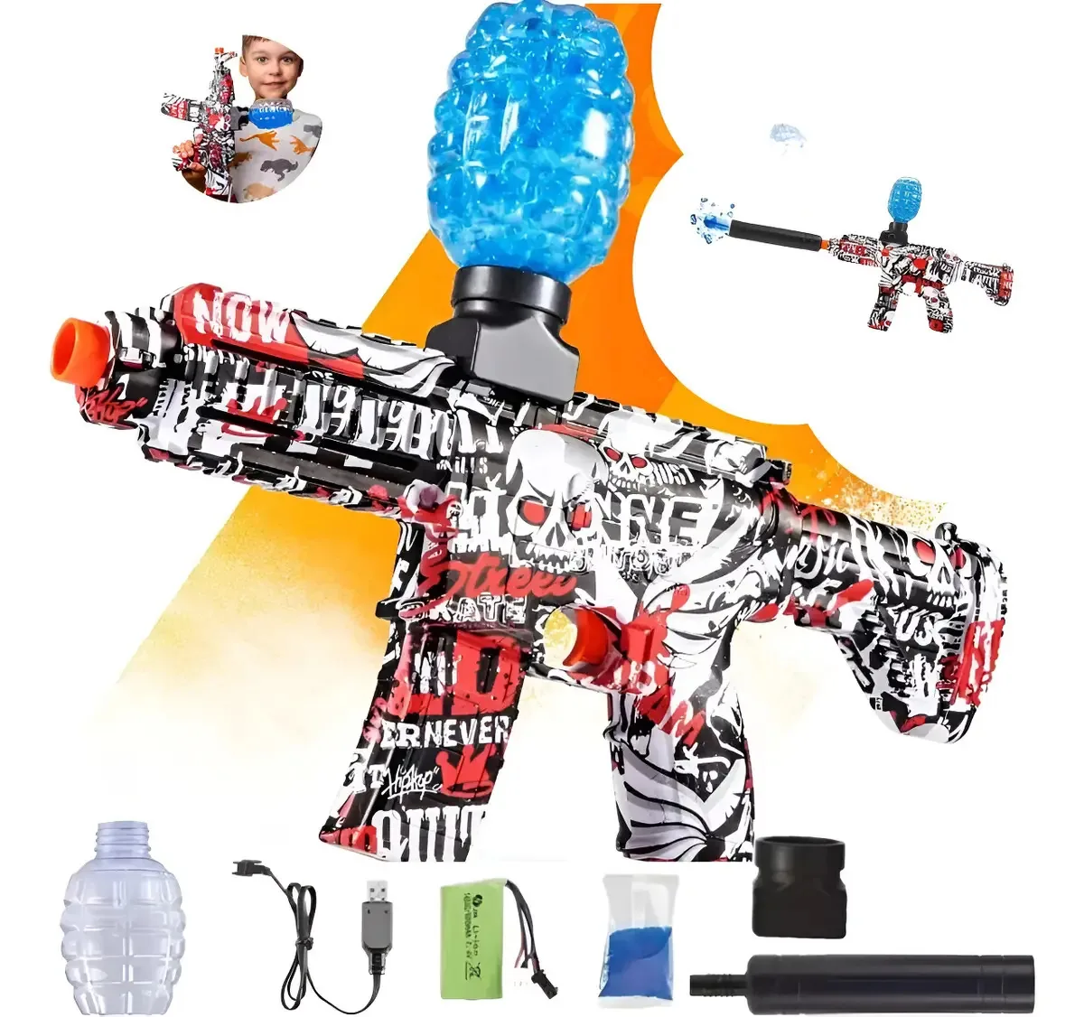 Arma de Bolinha de Gel M416 Elétrica Vermelha, com Óculos e Bateria