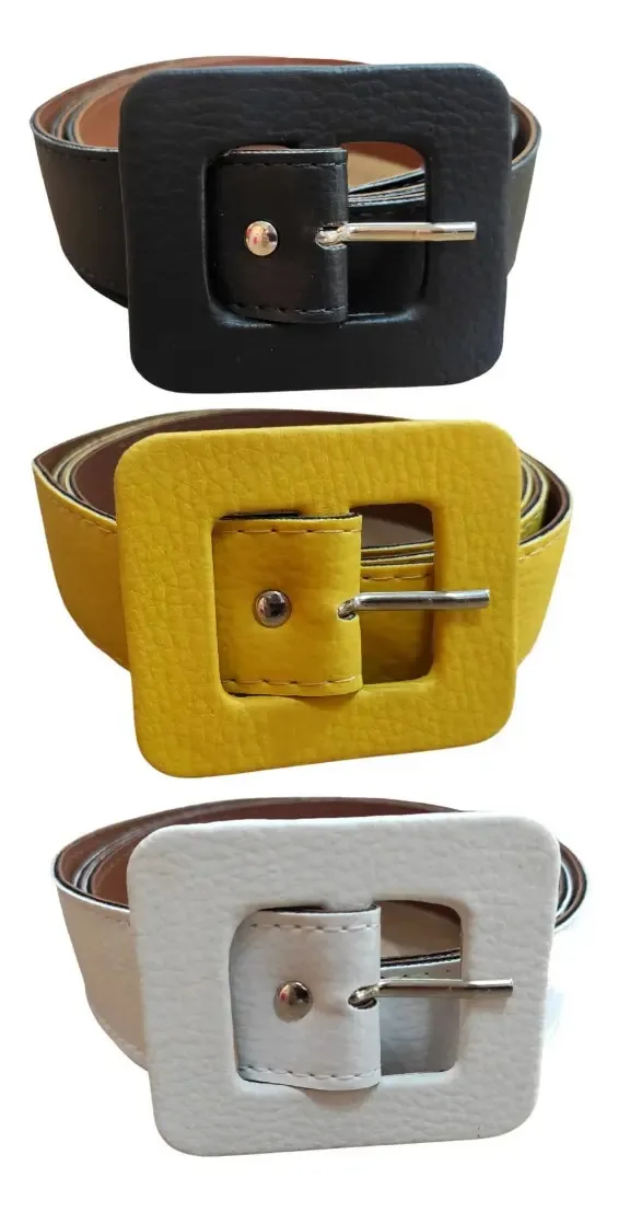 Kit 3 Cintos Feminino Colorido Sintético Fivela Quadrada Cor Preto/amarelo/branco Tamanho 115cm Padrão