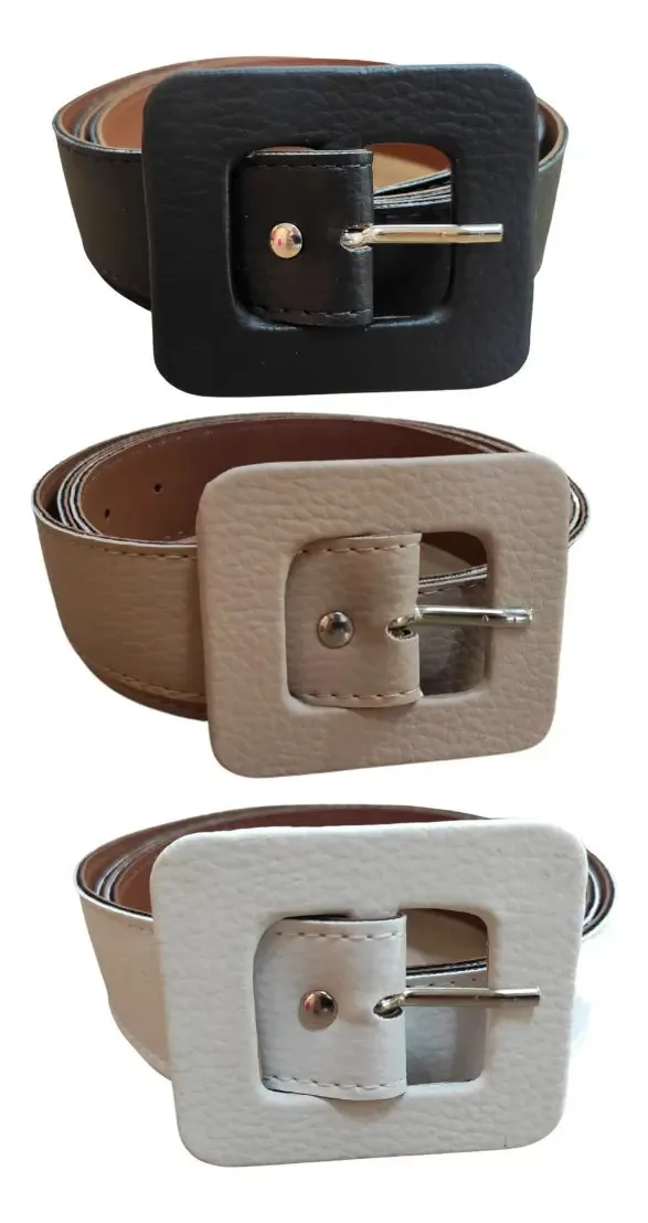Kit 3 Cintos Feminino Colorido Sintético Fivela Quadrada Cor Preto / Bege / Branco Tamanho 115cm Padrão