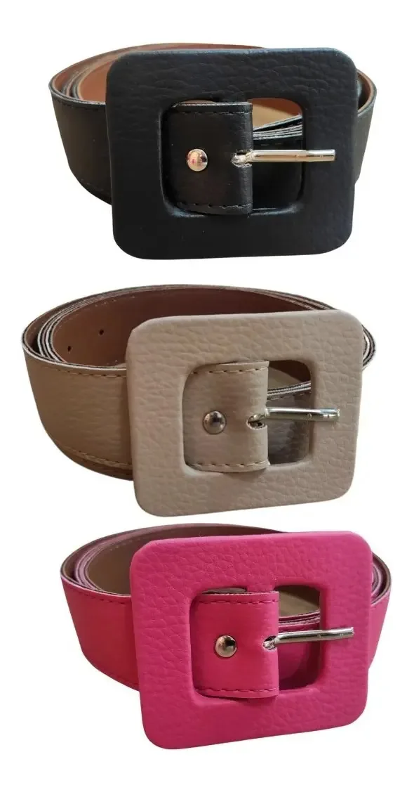 Kit 3 Cintos Feminino Colorido Sintético Fivela Quadrada Cor Preto / Bege / Pink Tamanho 115cm Padrão
