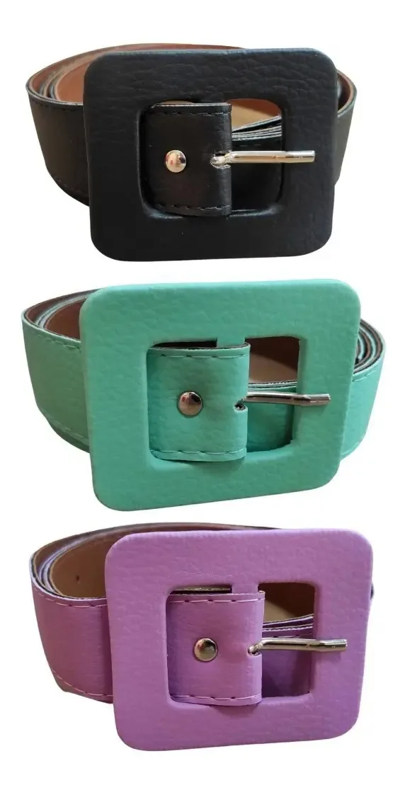Kit 3 Cintos Feminino Colorido Sintético Fivela Quadrada Cor Preto / Lilas / Verde Tamanho 115cm Padrão