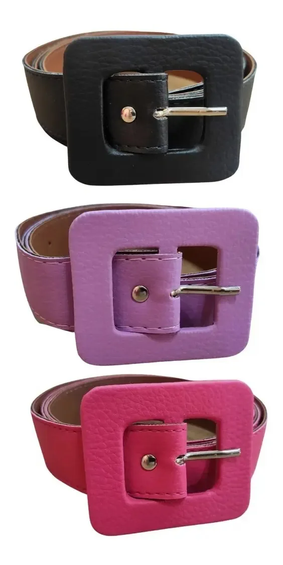 Kit 3 Cintos Feminino Colorido Sintético Fivela Quadrada Cor Preto / Lilas / Pink Tamanho 115cm Padrão
