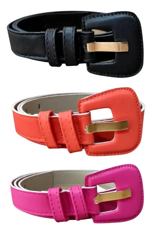 Kit 3 Cintos Feminino Neon Colorido Moda Blogueira Verão Cor Preto/laranja/pink Tamanho 110