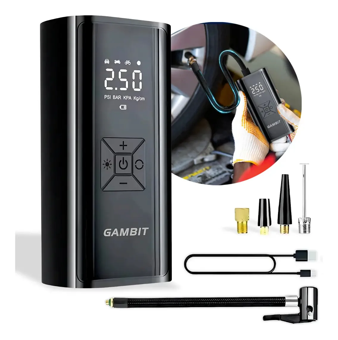 Calibrador Compressor Pneu Digital Carro Bike Moto Sem Fio Gambit Medidor Digital Power Bank