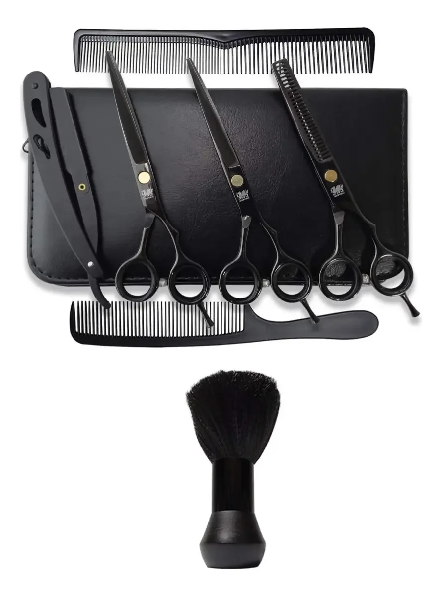 Kit Tesouras Profissionais Barbeiro Obopekal Preto Fio Navalha Desfiadeira