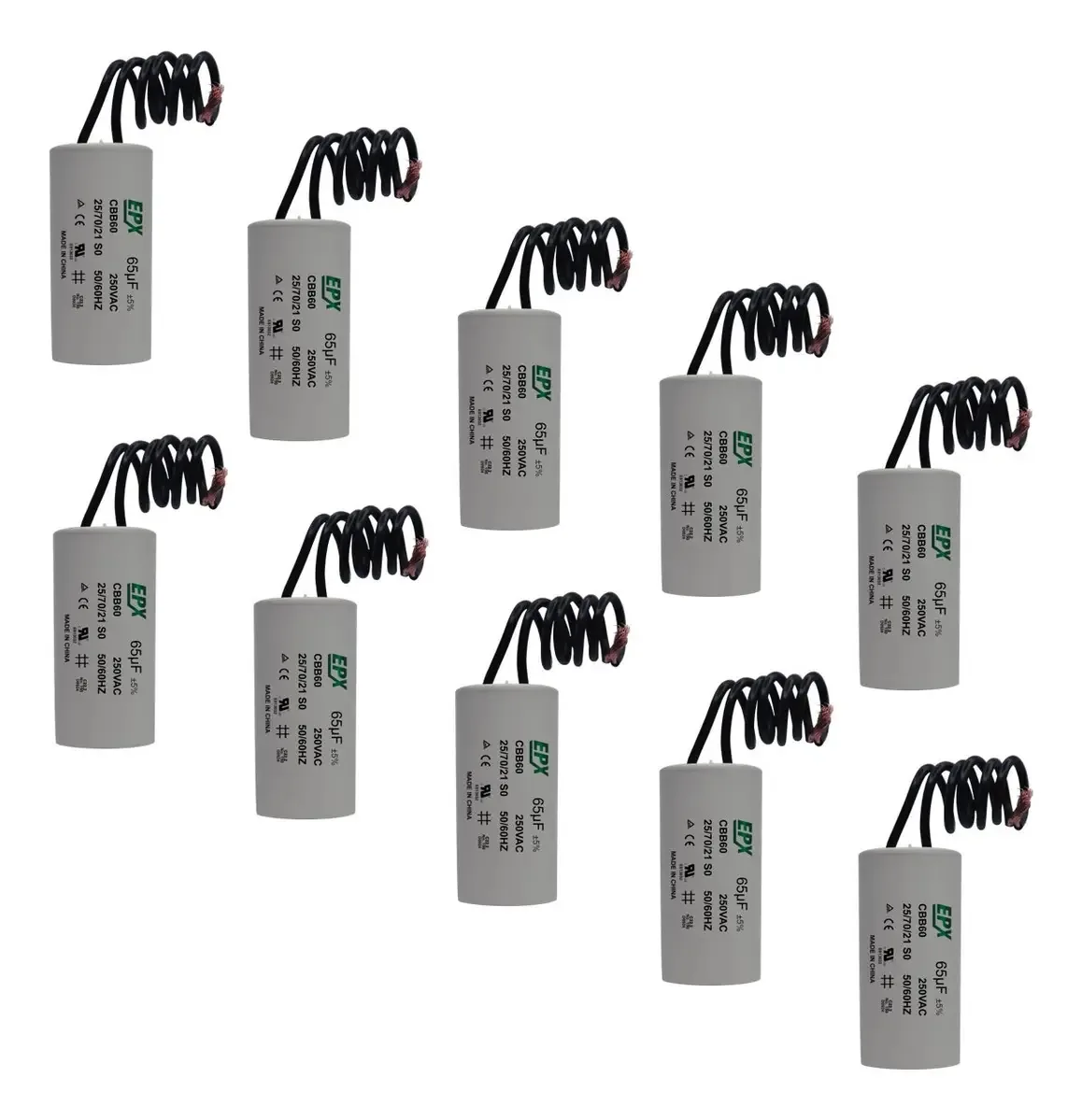 Kit 10 Capacitores Permanentes 65uf 250v 2 Fios Cbb60 Motor