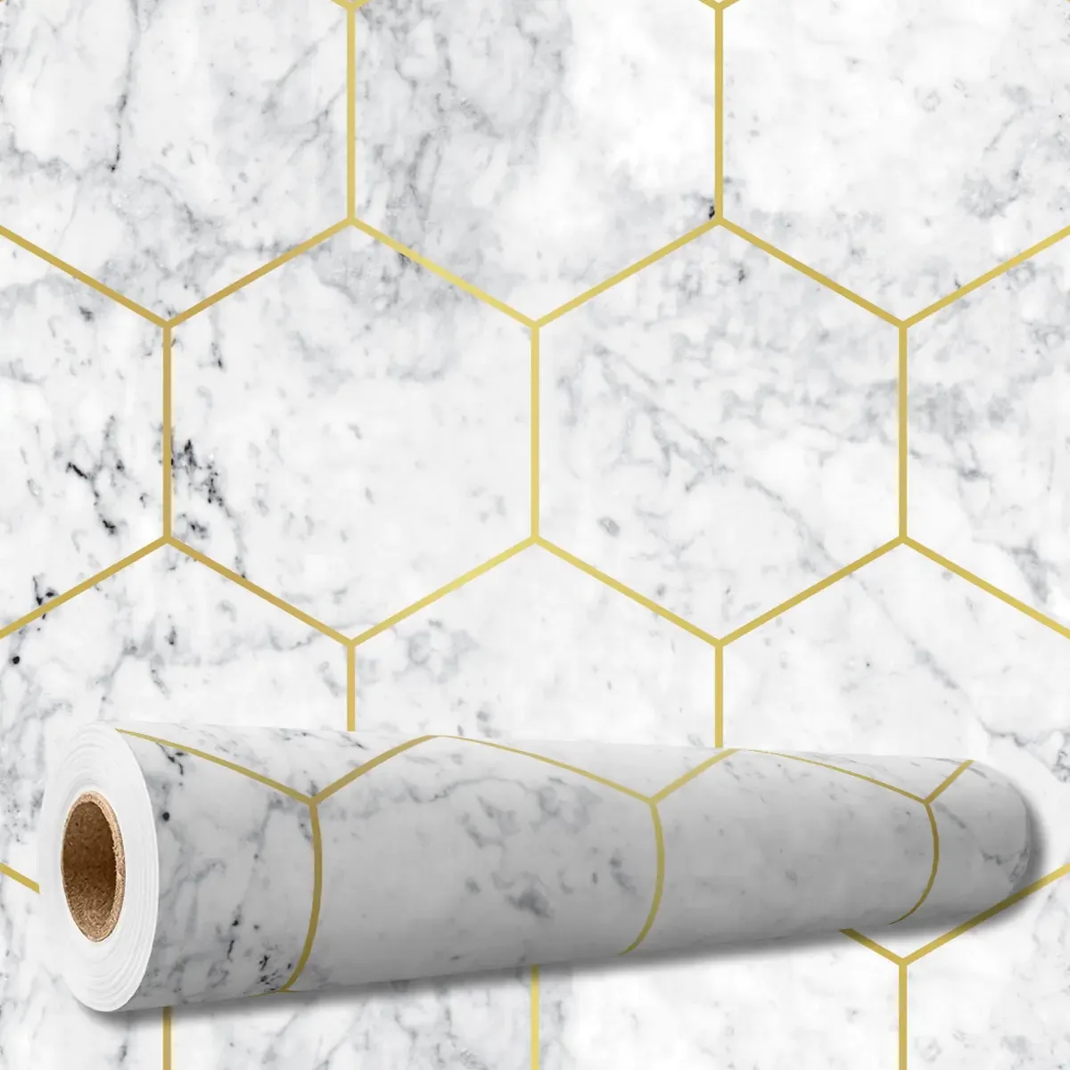 Adesivo Decorativo Papel Parede 3 Mts Geométrico Dourado Hexágono Mármore Cozinha Banheiro