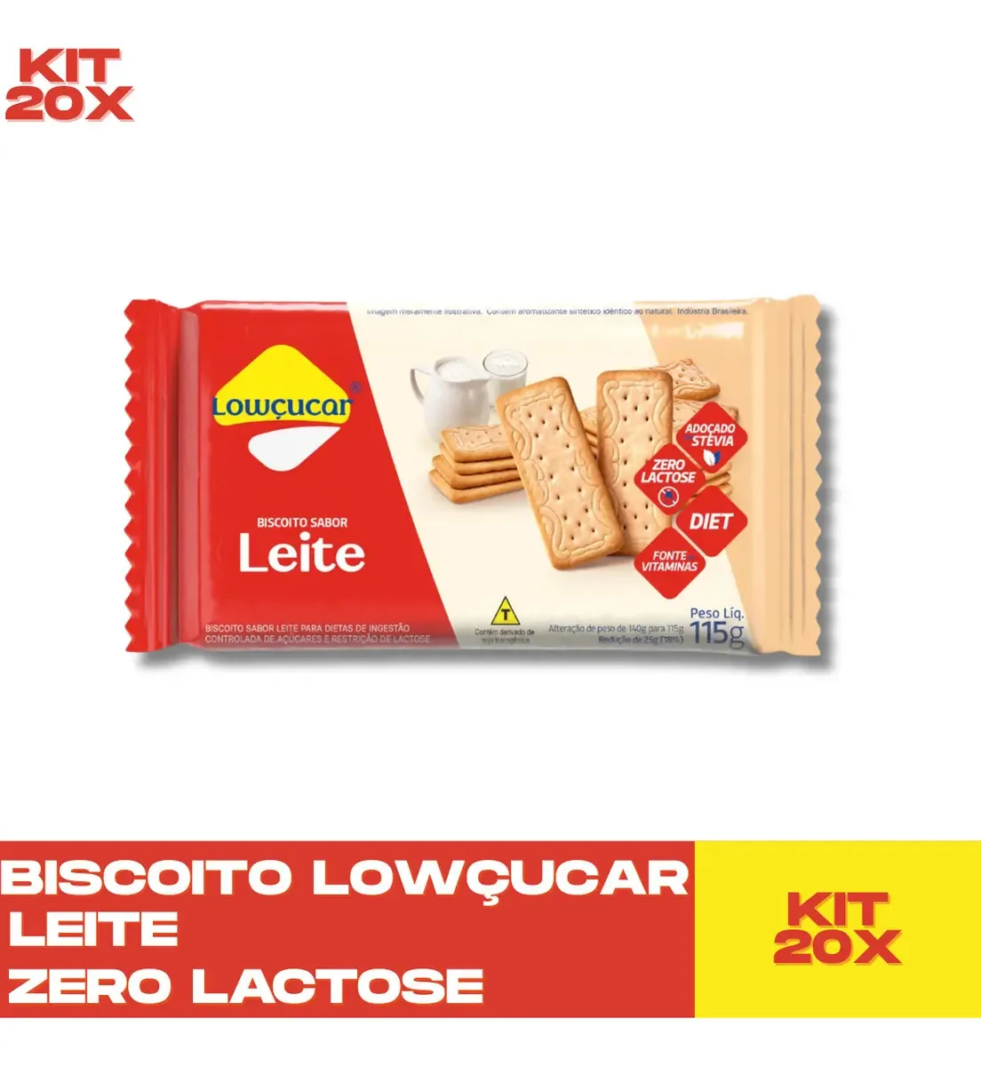 Kit 20 Biscoitos Lowçucar Leite Zero Lactose 115g