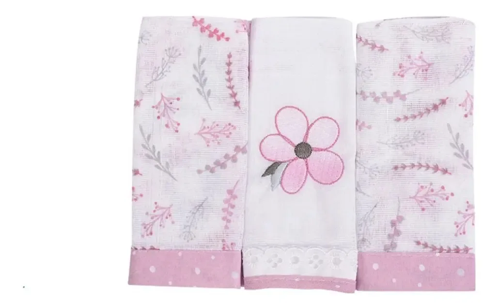 Kit 3 Paninhos de Boca Bebê Bordados 100% Algodão Minasrey 32x32cm
