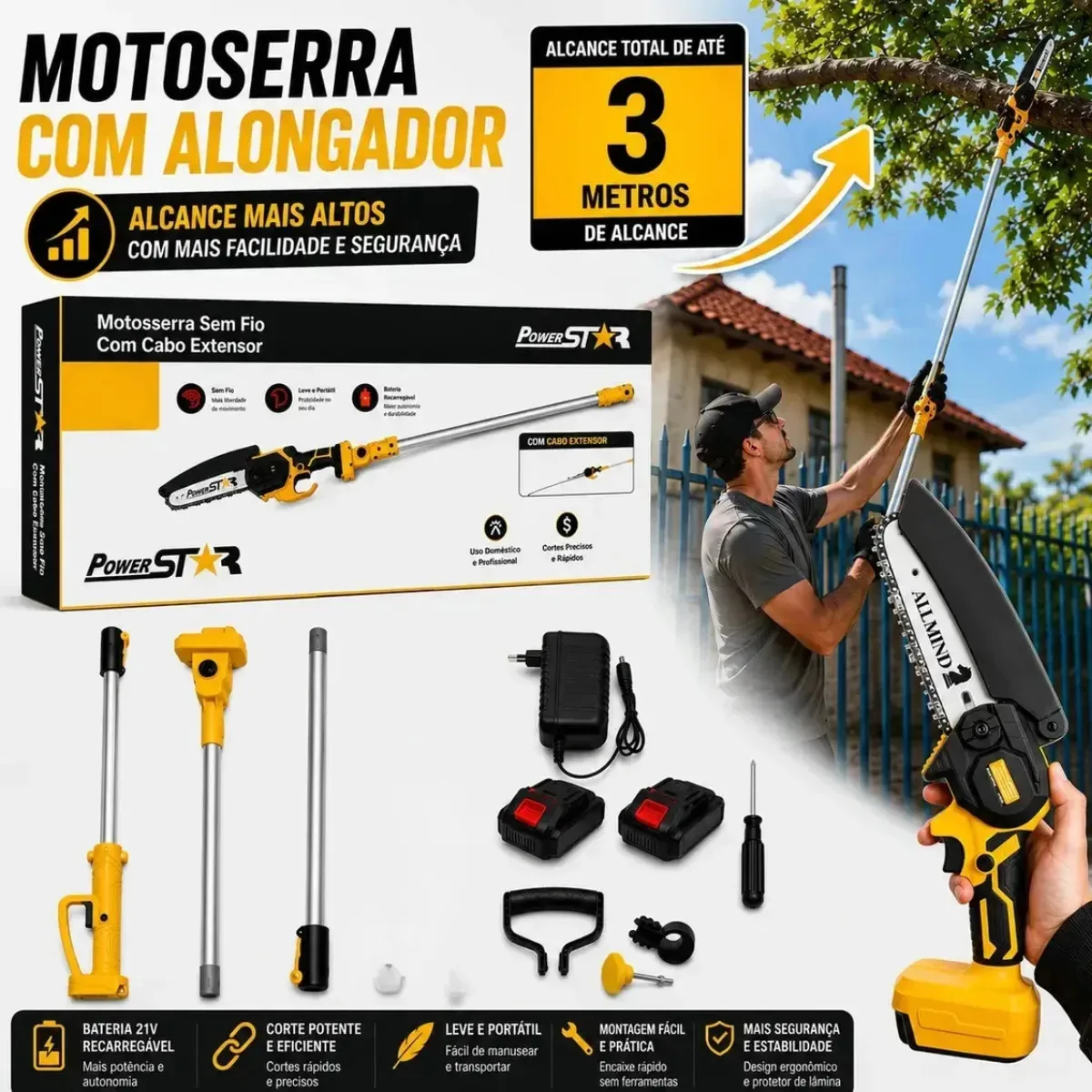 Motosserra Podadora Moto Serra Bateria 21v Com Cabo Extensor Até 3m alcance Mini Motosserra Serra Elétrica Portátil Sem Fio Poda De Galhos Jardim Árvore 2 Baterias 2 Em 1 Elétrica Amarelo 127/220v