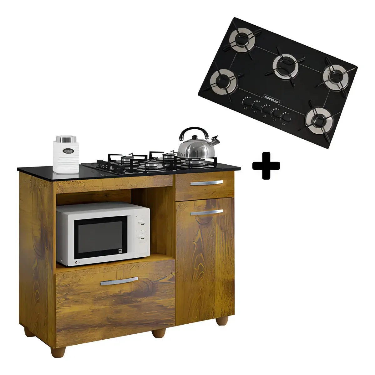 Kit Balcão Cooktop 2 Porta Com Fogão Cooktop 5 Bocas Cor Rovere