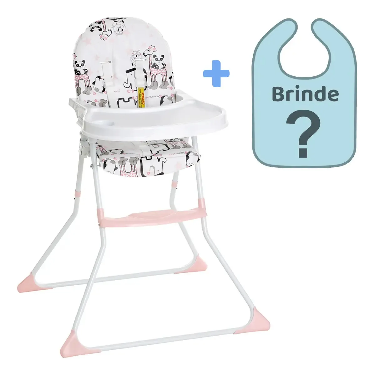 Cadeira Alimentação Infantil Nick Zoo Galzerano + Babador Cor Branco/rosa