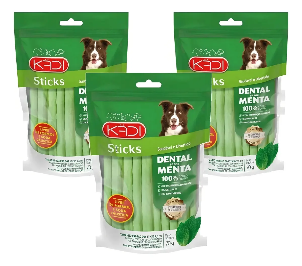 Pack 3 Petiscos Cães Kadi Dental Sticks Menta 210g