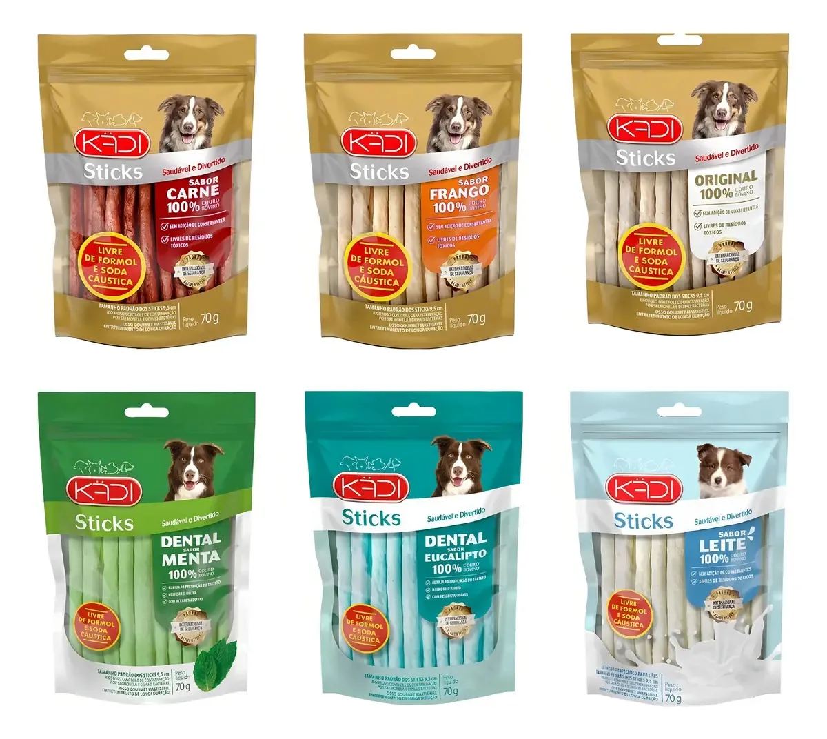 6 Petiscos Cães Kadi Sticks Sabores Diversos 70 Gramas