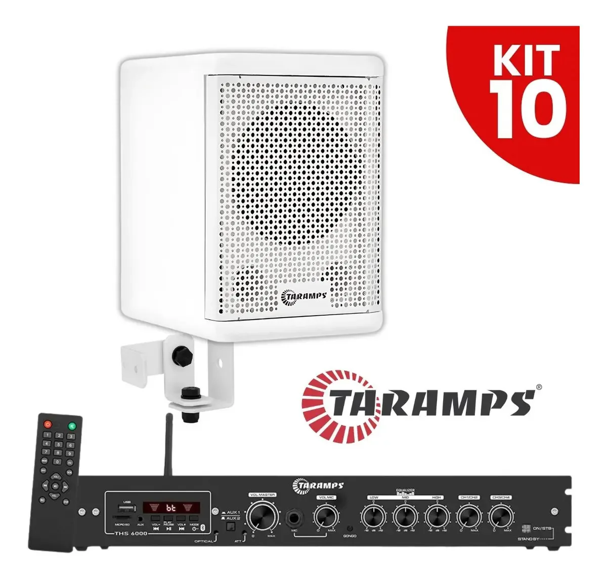 Kit 10 Caixas Som 500w Rms Taramps Brancas Acustica Profissional Ambiente Comercio Loja Bar Eventos Restaurante Salao Igreja Com Suportes + Receiver Amplificador Ths 6000 Bluetooth Usb Pendrive Sd