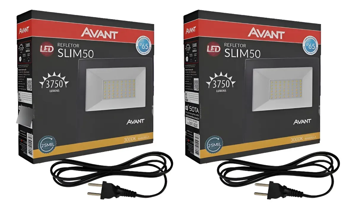 2x Refletores Slim Avant 50w Luz Branco Quente Com Tomada