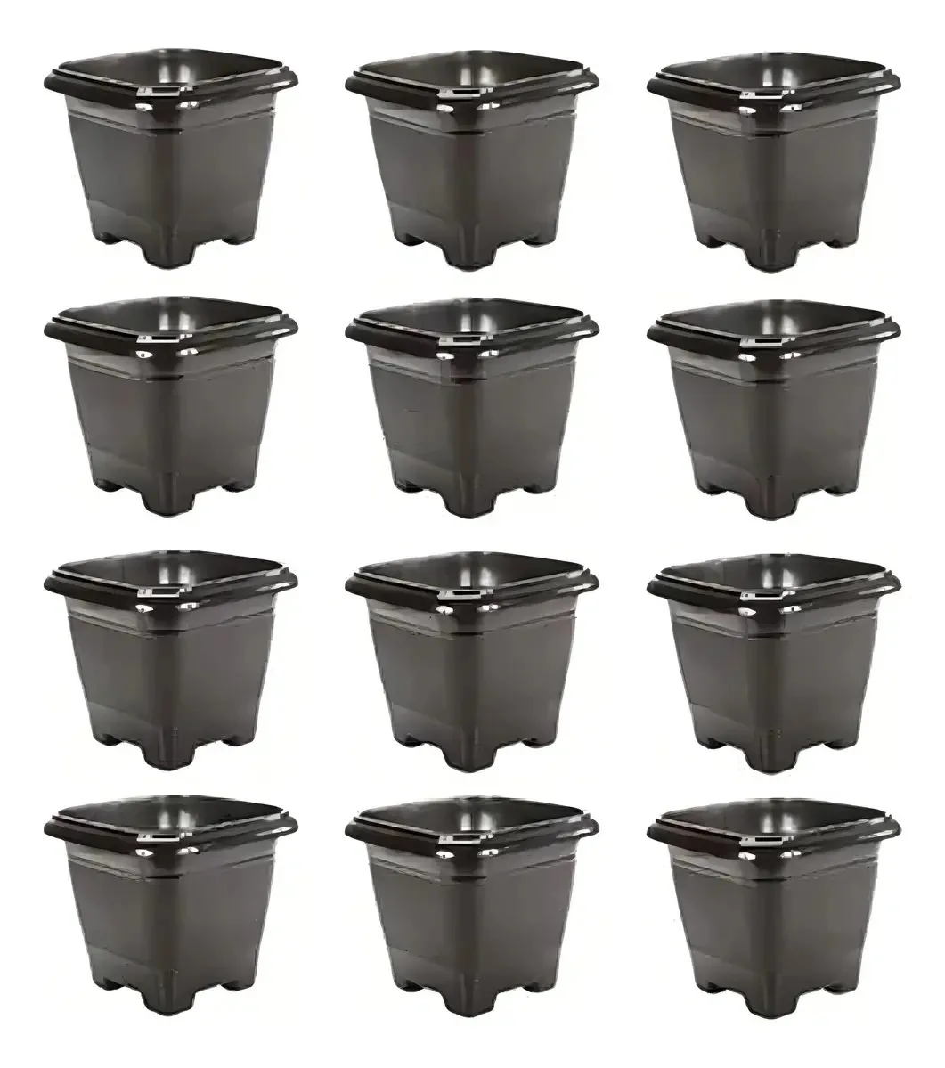 Kit 12 Vasos Quadrados para Mudas de Plantas e Flores de Plástico Preto 800ml