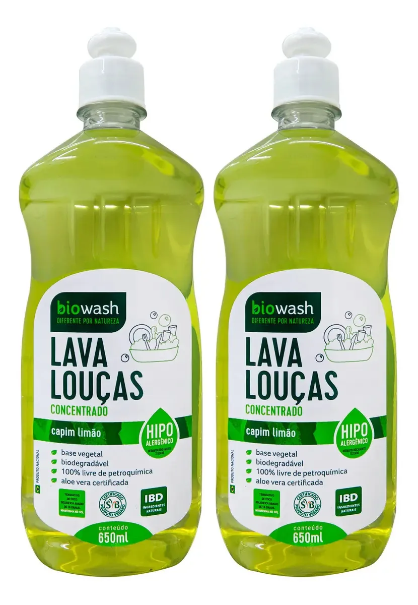Kit 2 Lava Louças Capim Limão Biowash 650ml