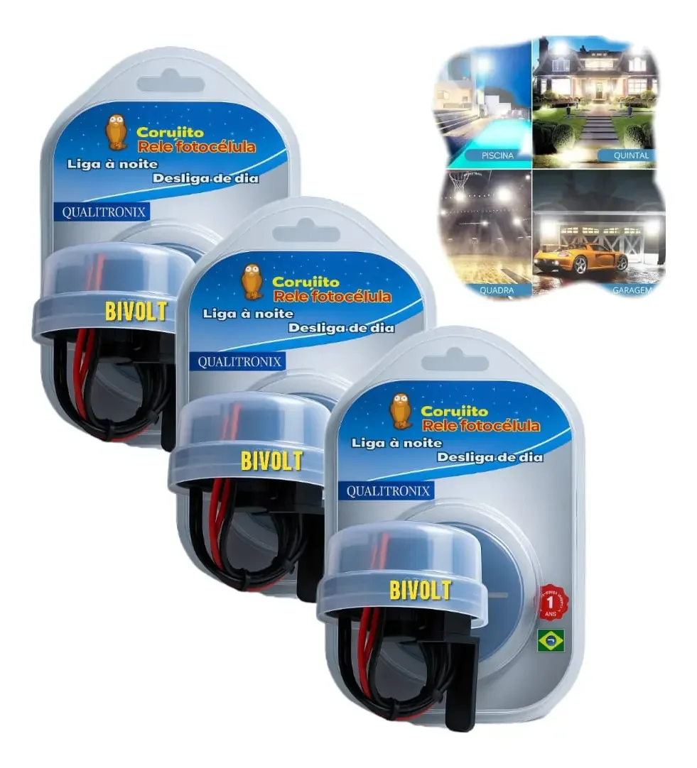 Sensor Fotocélula Eletrônico QUALITRONIX Corujito Branco Kit 3 Bivolt Exterior/Interior