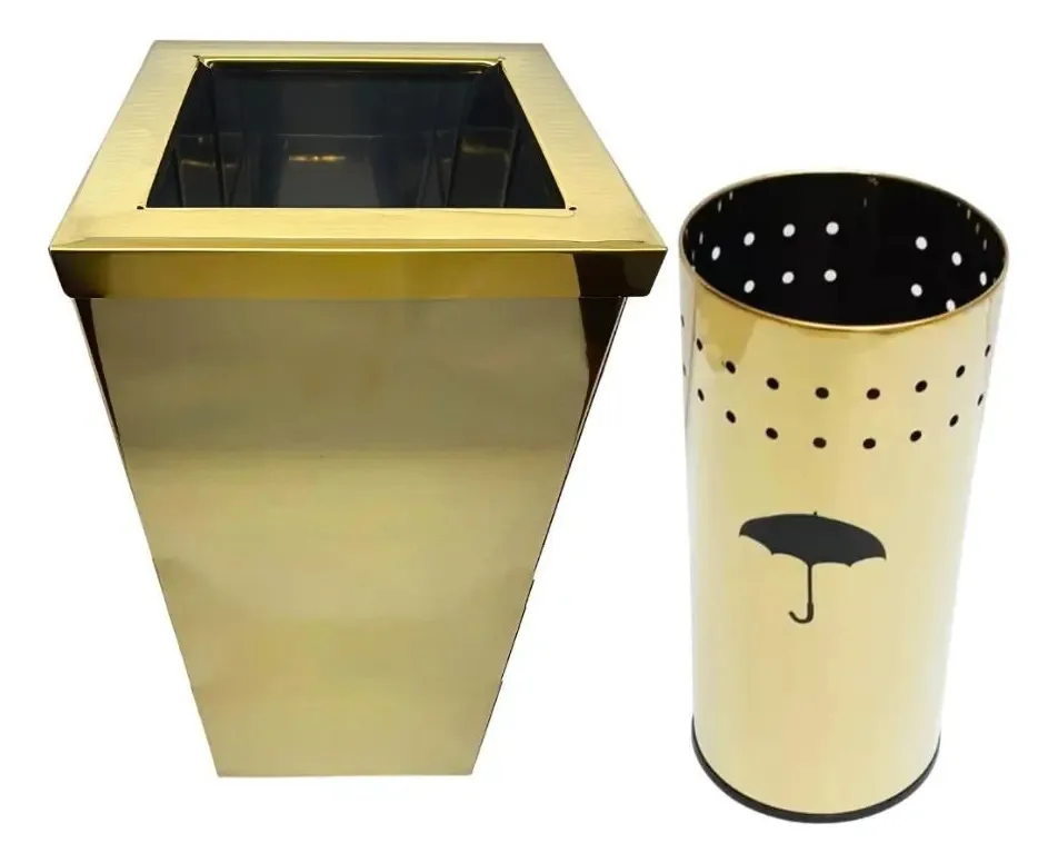 Kit Escritório Lixeira Aro E Porta Guarda Chuvas Dourado 30l