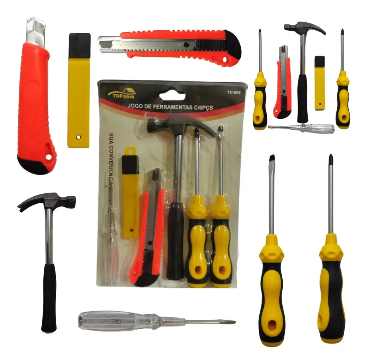 Kit Ferramentas Top Casa 6 Peças Chave Fenda Philips Martelo Estilete