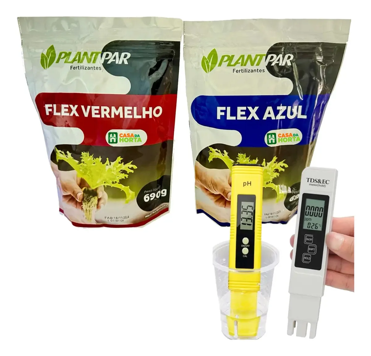 Kit Hidroponia Nutrientes 1000L Medidor Condutividade e pH Digital Yasai