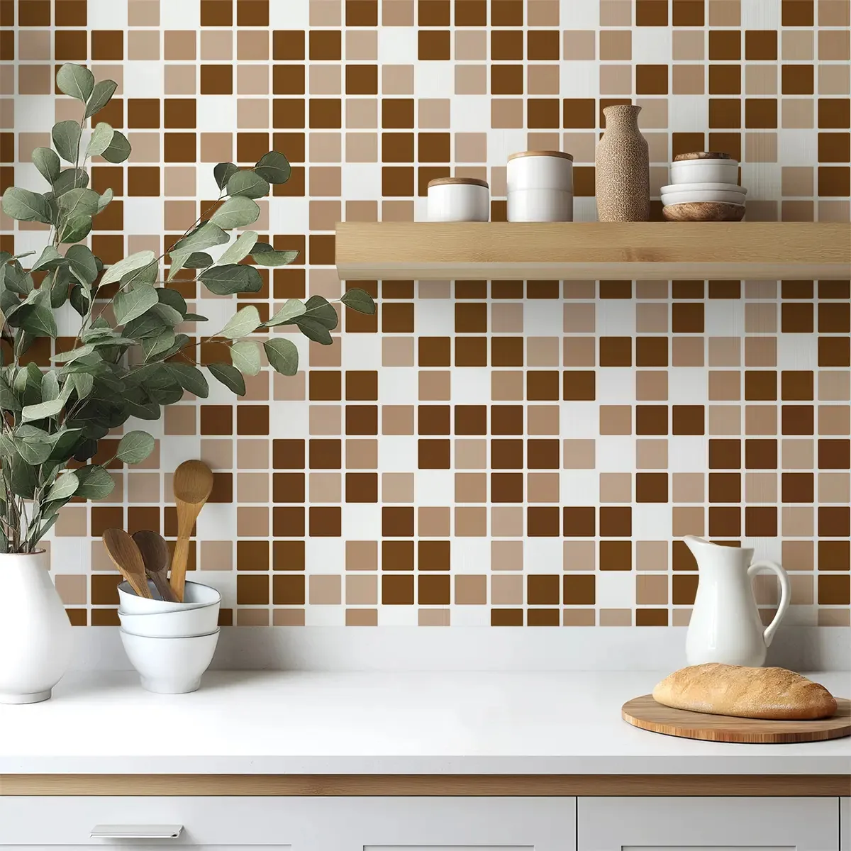 Adesivo Decorativo 5 Metros Papel Parede Pastilha Marrom Branco Cozinha Banheiro Lavável
