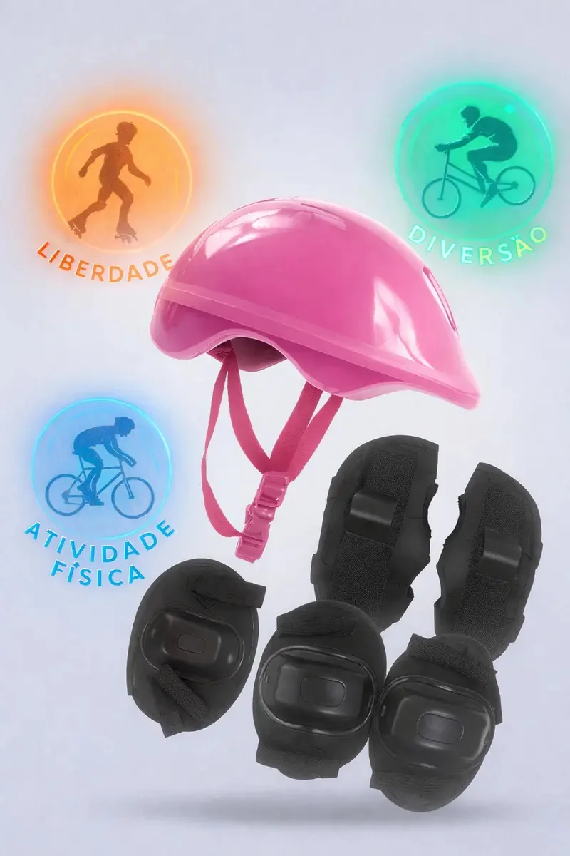 Kit Proteção Infantil Capacete Para Bike Patins Skate Rosa Equipamento De Proteção Joelheira Cotoveleira