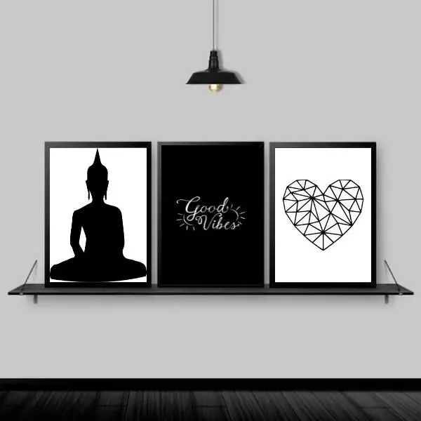 Kit 3 Quadros Zen Buda Good Vibes 33x24cm Moldura Preta