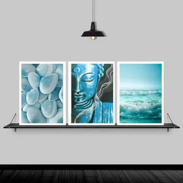 Kit 3 Quadros Zen Buda Mar Azul 33x24cm Moldura Branca