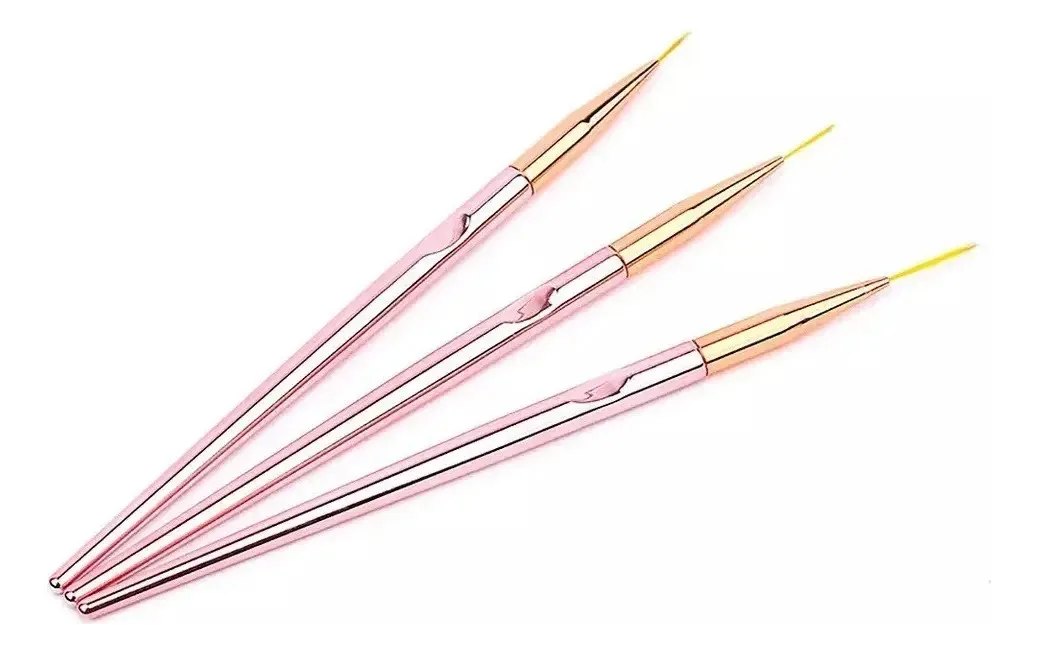 Kit 3 Pinceis Decoração Unhas Desenho Ponta Extra Fino Nails Cor Rose Gold