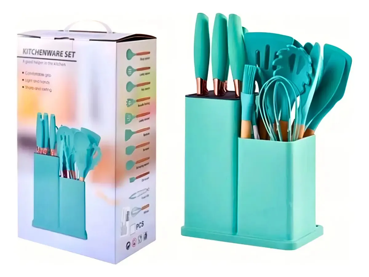Kit Conjunto De 19 Peças Utensílios Cozinha Silicone Jogo Cor Azul-turquesa