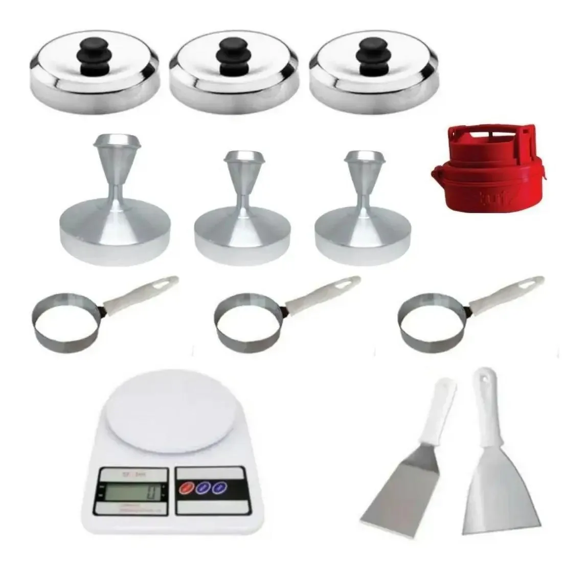 Kit Modelador De Hamburguer Ovos Abafador Espatulas Balança